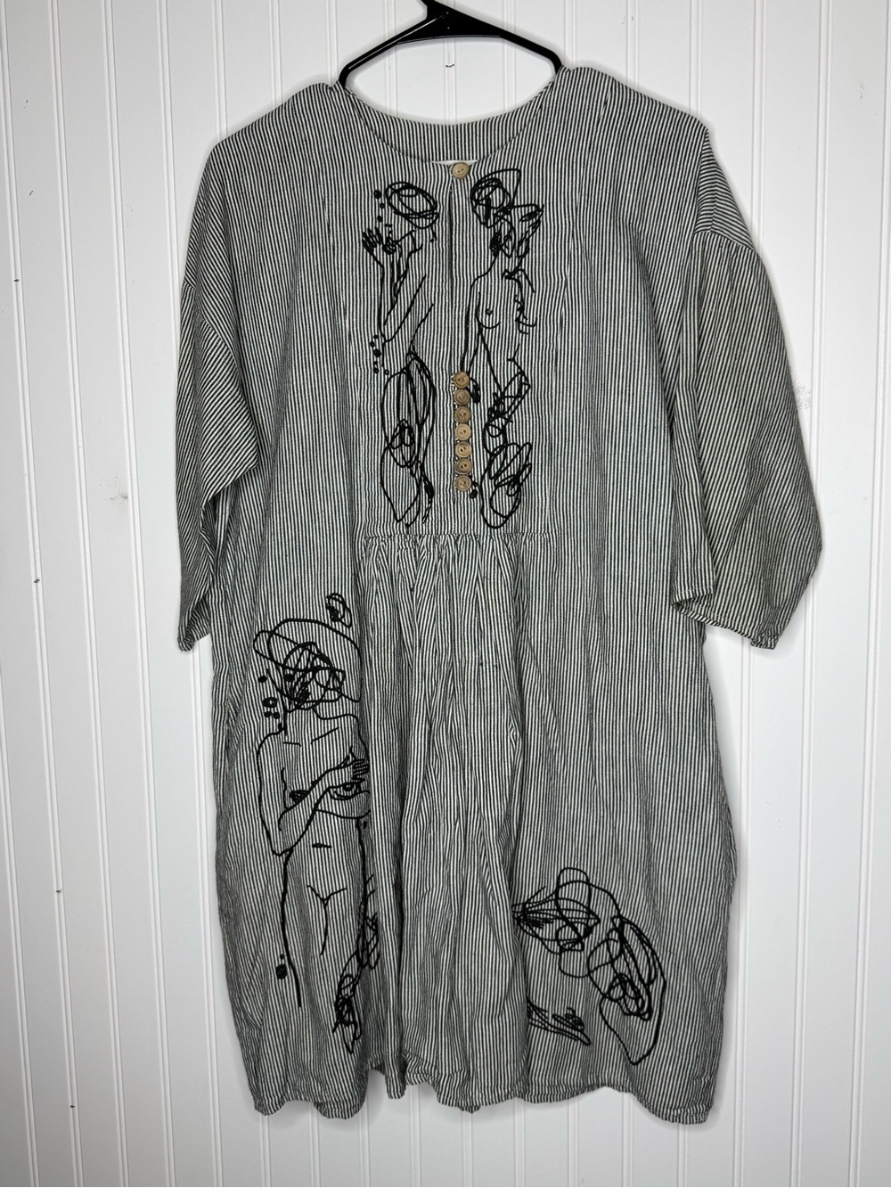 Heinui Rare French Linen Blend Striped Dress with Scribble Nude Women Size Large